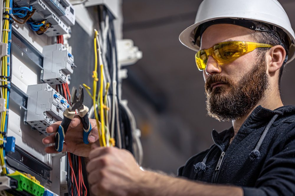 A male electrician works in a switchboard with an electrical connecting cable. A male electrician works in a switchboard with an electrical connecting cable.<br />